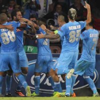 Napoli team celebrate with Higuain for his goal against AC Milan