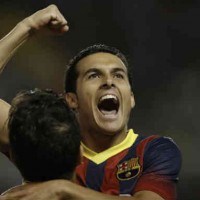 Rodriguez celebrates his hat trick with FC Barcelona