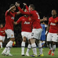 Manchester United celebrate with their win in the Champions League