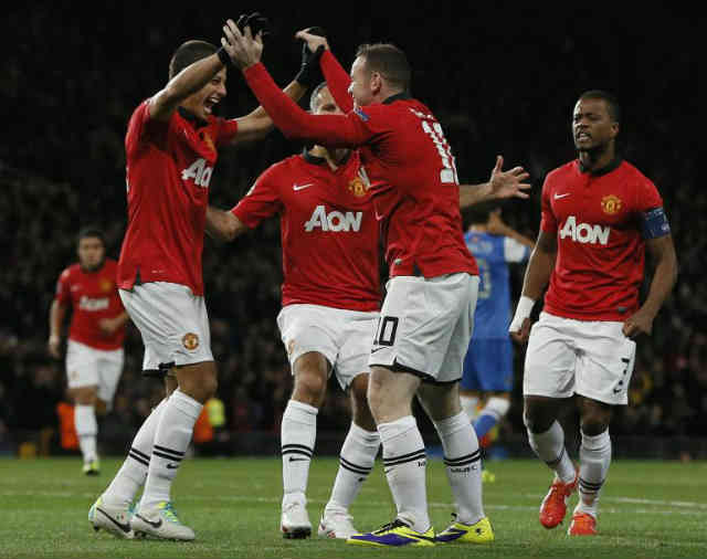 Manchester United celebrate with their win in the Champions League