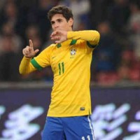 Oscar celebrates his amazing goal against the Africans, Zambia