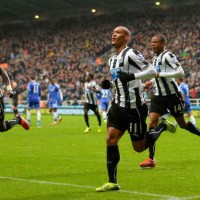 Gouffran celebrates his goal at St James Park against Chelsea