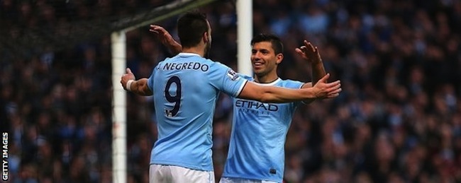 Alvaro Negredo and Sergio Aguero celebrate another goal