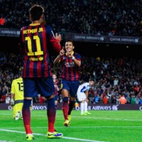 Sanchez celebrates with his team mate Neymar