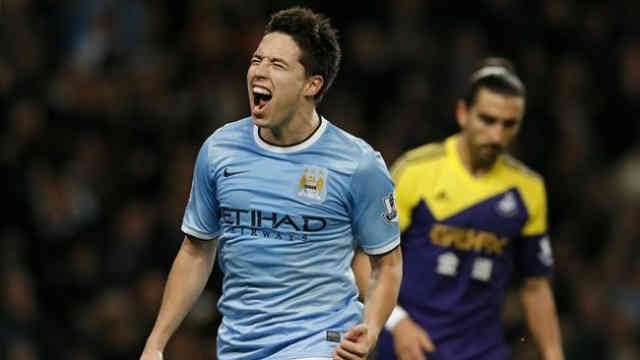 Samir Nasri celebrates his goal for Manchester City