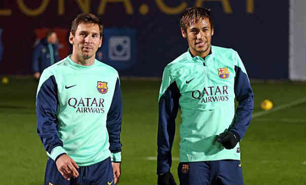 Messi with his team mate Neymar, back in training after his injury