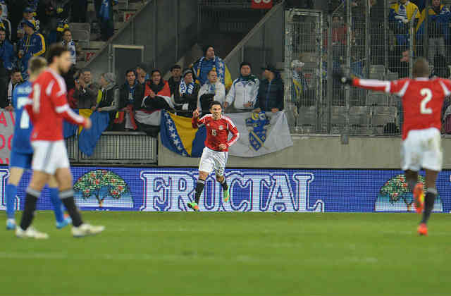 Gedo celebrates his goal against Bosnia